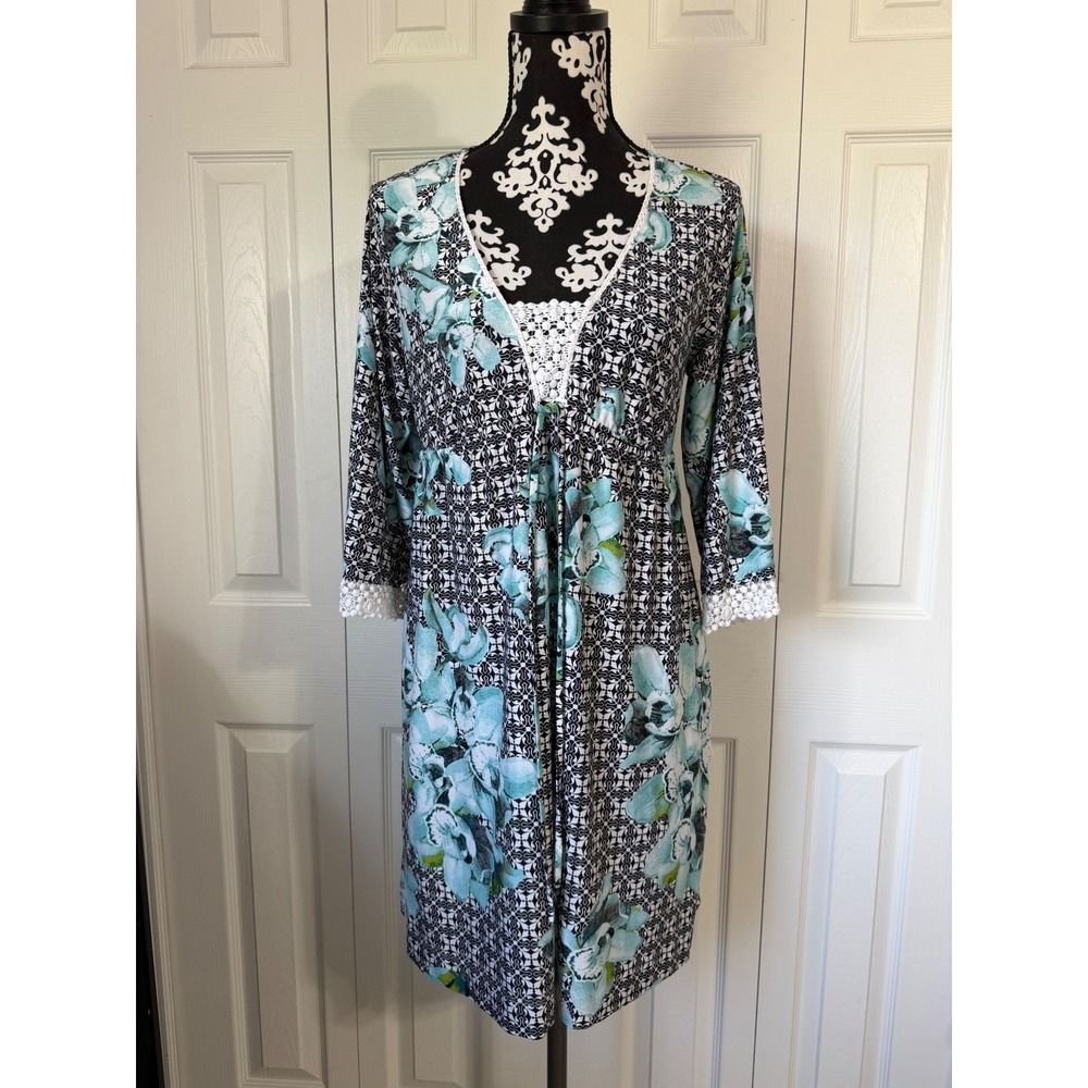 Soma Teal Floral Black Geometric Lounge Dress Nightgown Lace Trim Medium - Picture 11 of 11
